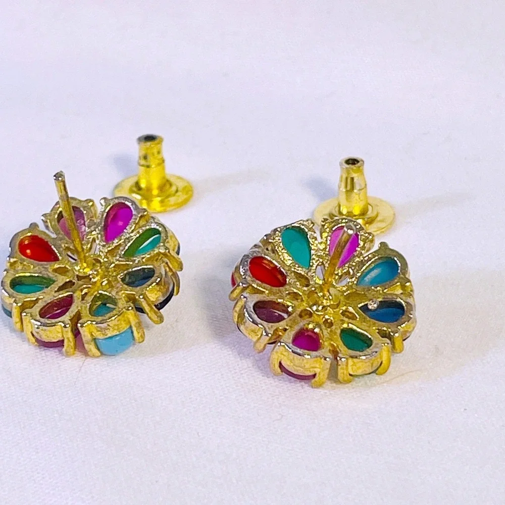 Vintage Multicolor Flower Stud Earrings Gold Tone Faux Pearl Jewel Tone‎ Floral